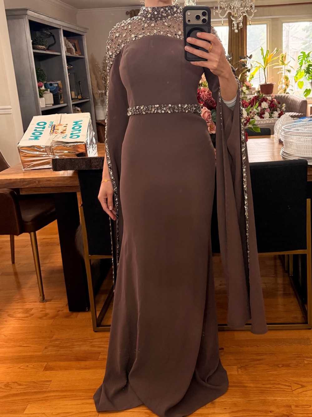 Embellished Brown Evening Gown with Cape